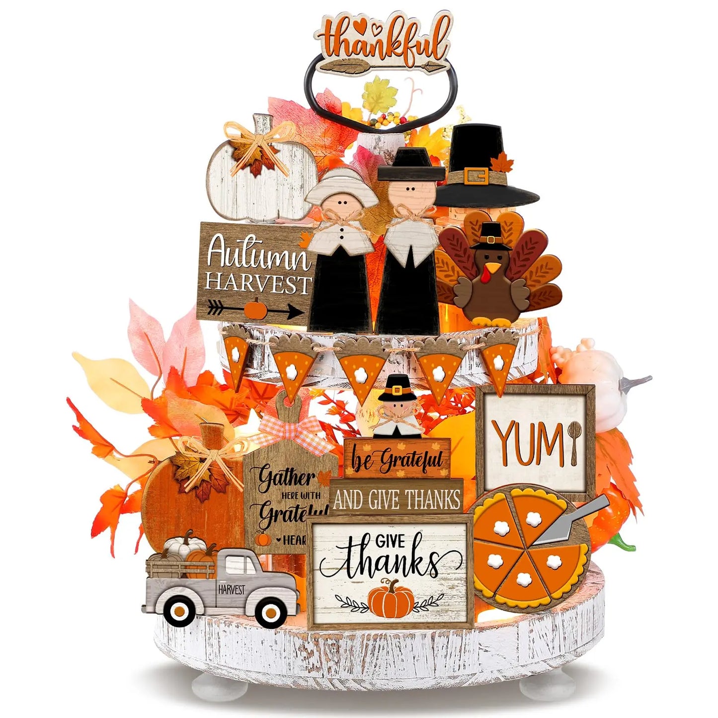 21 Pcs Thanksgiving Tiered Tray Decoration Set Fall Thanksgiving Table Sign Turkey Pumpkins Farmhouse Decor Gnome Maple Leaves Centerpieces Harvest Wood Blocks Tabletop Signs for Autumn