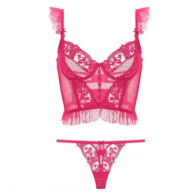 Women's Floral Lace Babydoll Lingerie Set. Sheer Nightdress with Matching Panties