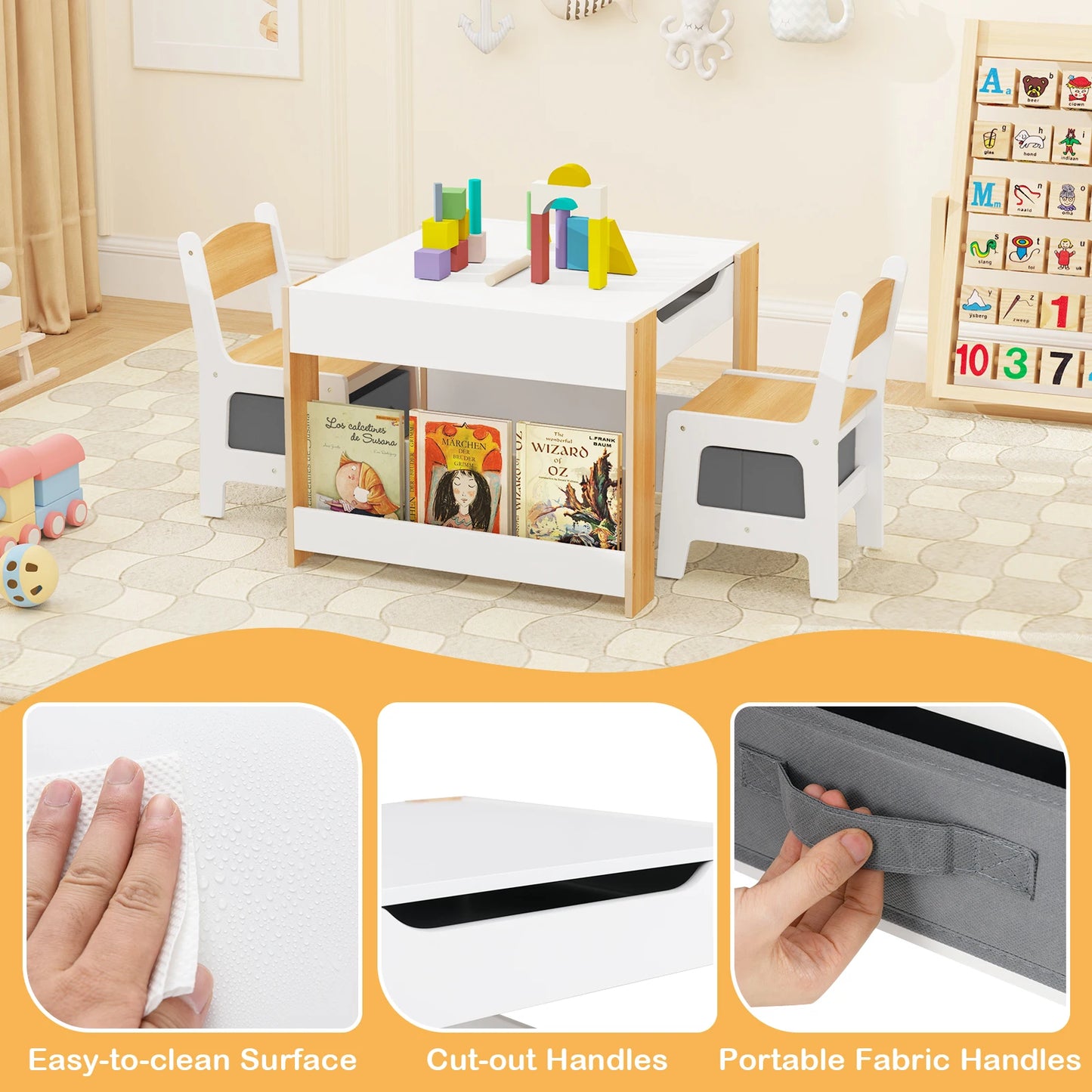 4-in-1 Kids Activity Table & Chair Set with Bookshelves and Storage Bins