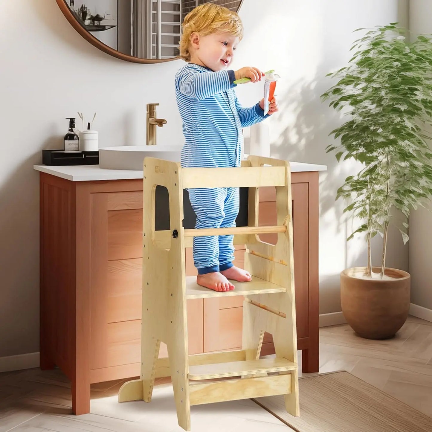 Wooden Kids Kitchen Step Stool with Blackboard & Safety Rails | Adjustable Montessori Learning Helper for Toddlers