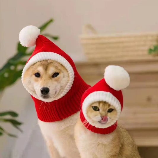 Funny Winter Dog Beanies Cap with Pompon Crocheted Snood Adorable Dog Hat Red Warm Winter Dog Hat Knit