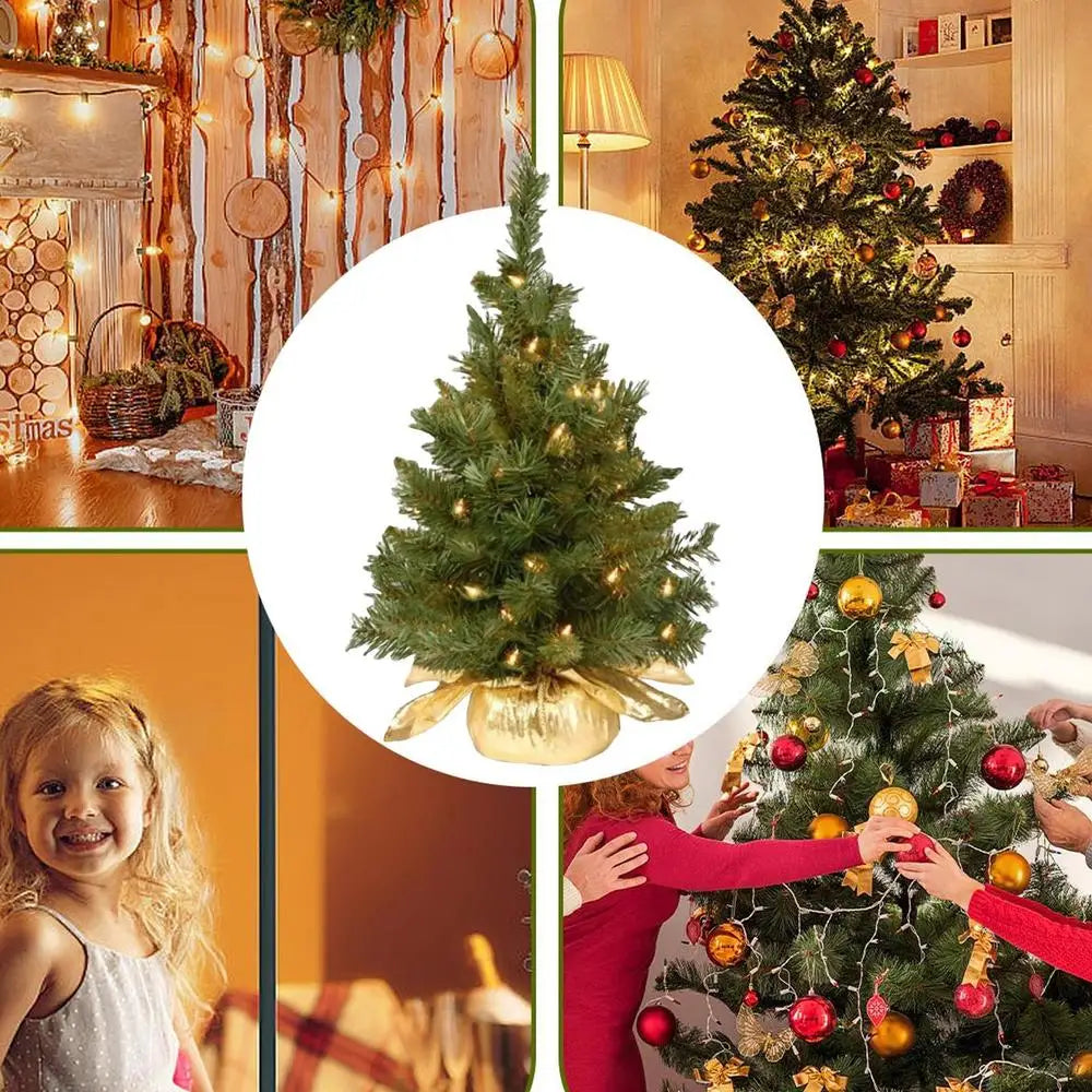 Pre-Lit Artificial Pine Christmas Tree . 60cm Mini Tabletop Christmas Tree with Warm LED Lights & Burlap Base