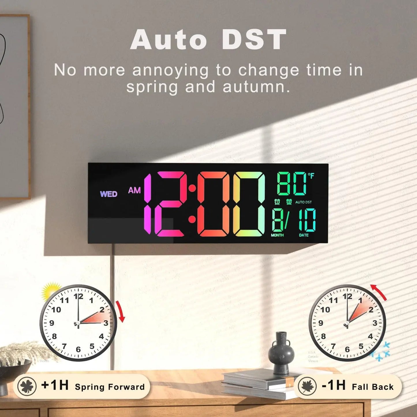Smart RGB LED Digital Wall Clock with Remote Control & Temperature Display