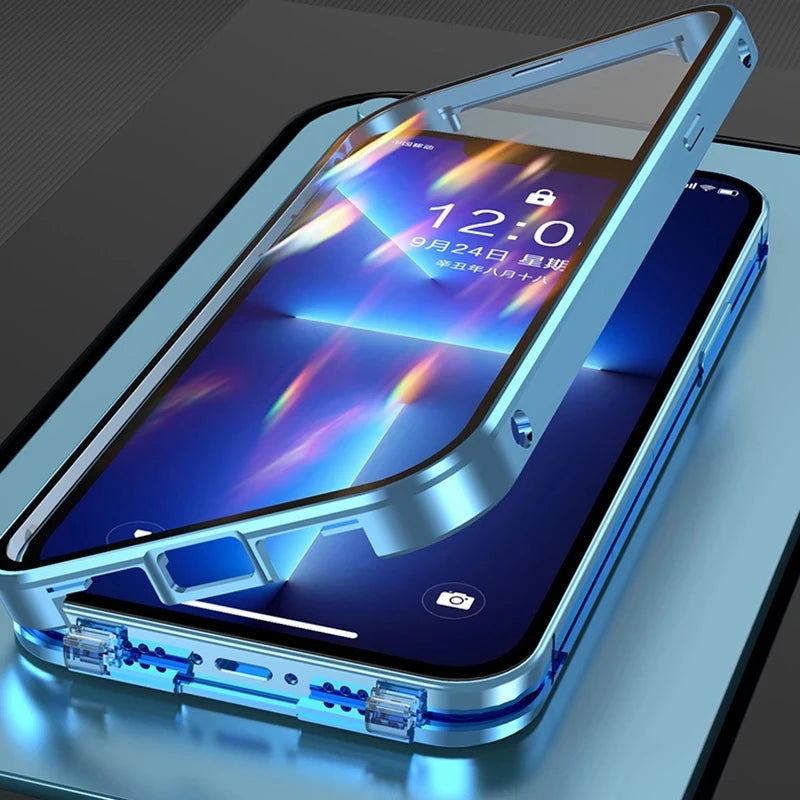360 Full Protection Metal Magnetic Double Sided Glass Snap Lock Phone Case Shockproof Cover
