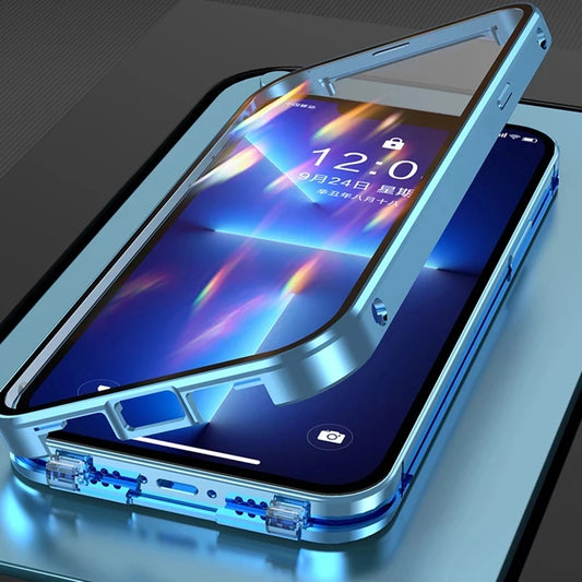 360 Full Protection Metal Magnetic Double Sided Glass Snap Lock Phone Case Shockproof Cover