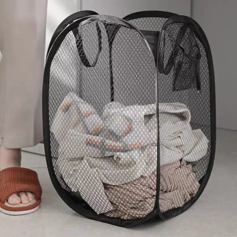 Collapsible Mesh Laundry Hamper with Carry Handles . Foldable Clothes Storage Basket