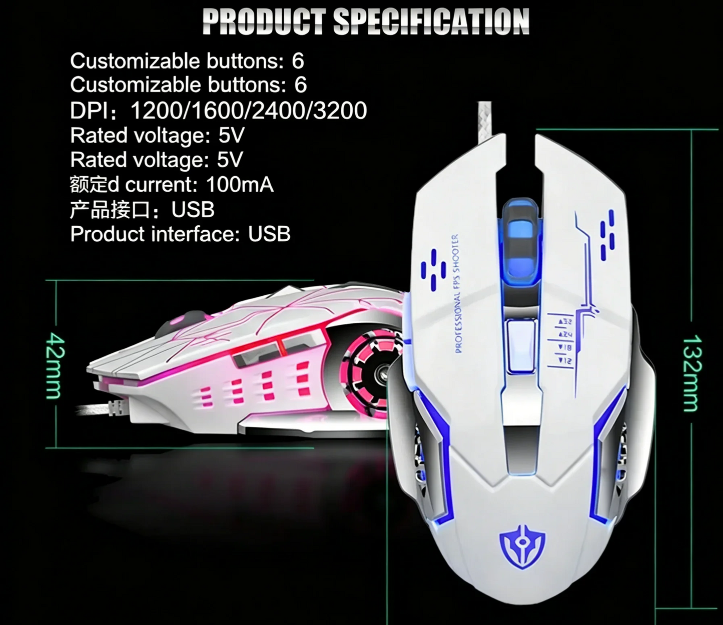 RGB Dual Mode Wireless Gaming Mouse. Rechargeable Ergonomic LED Mouse for PC & Laptop