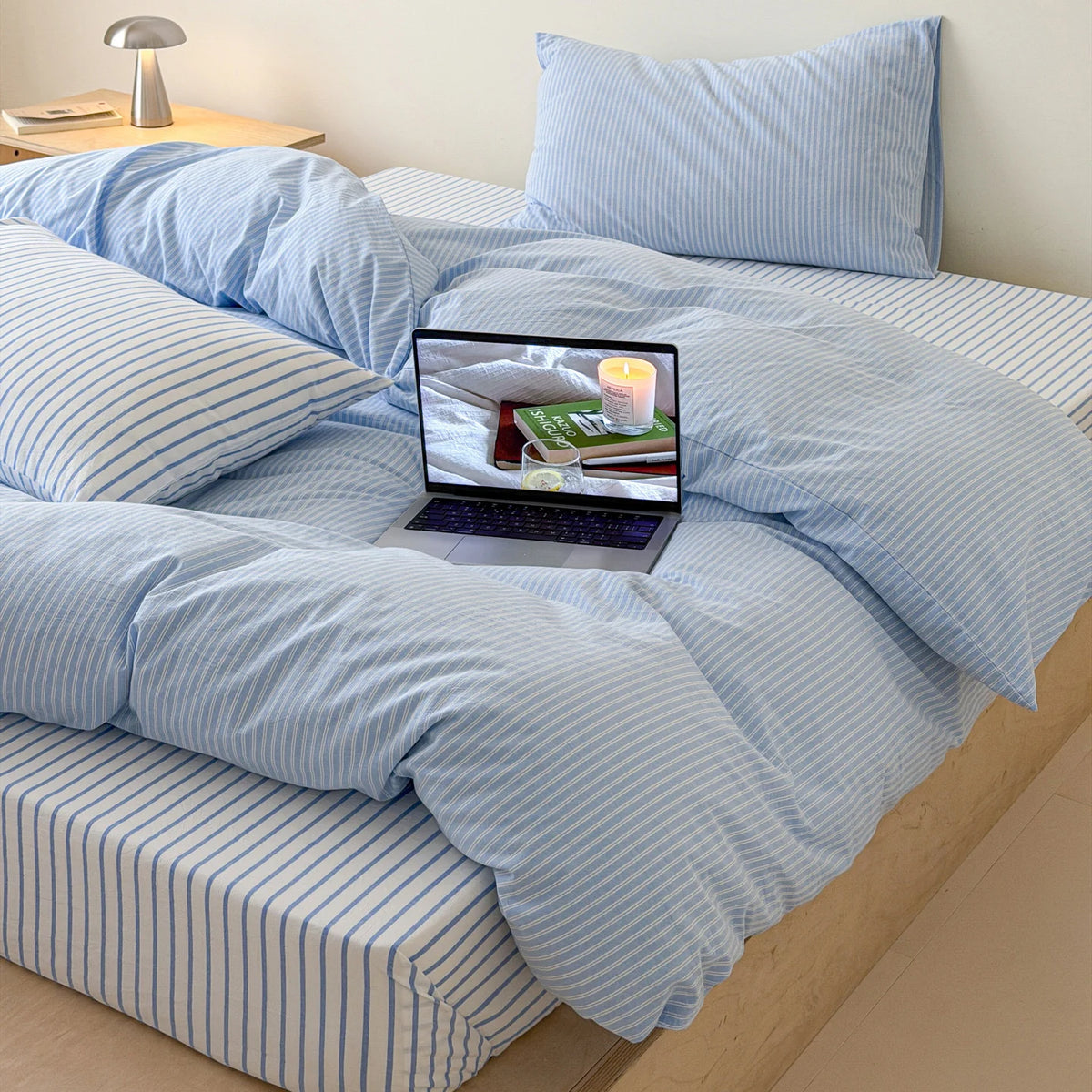 Japanese Blue Striped 100% Cotton Duvet Cover Set. Queen Size