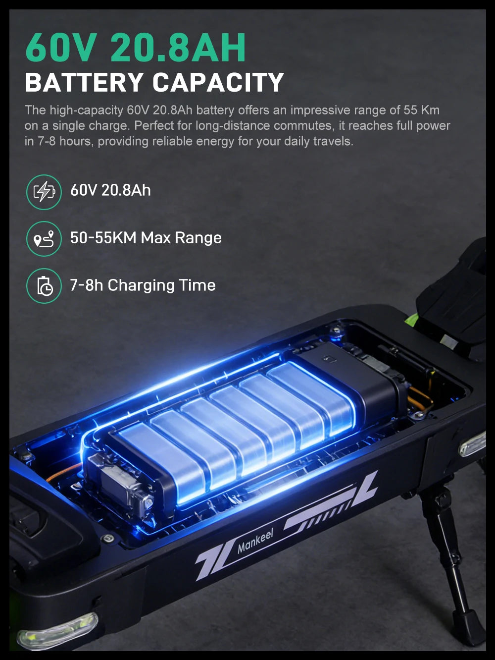 1200W Dual Motor Electric Scooter. 60V 21Ah Long-Range High Performance E-Scooter with Dual Suspension