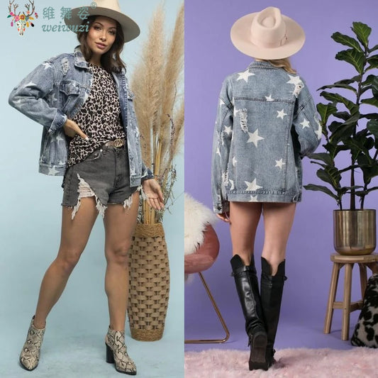 Women Denim Jacket Star Pattern Ripped Long Sleeve Jacket