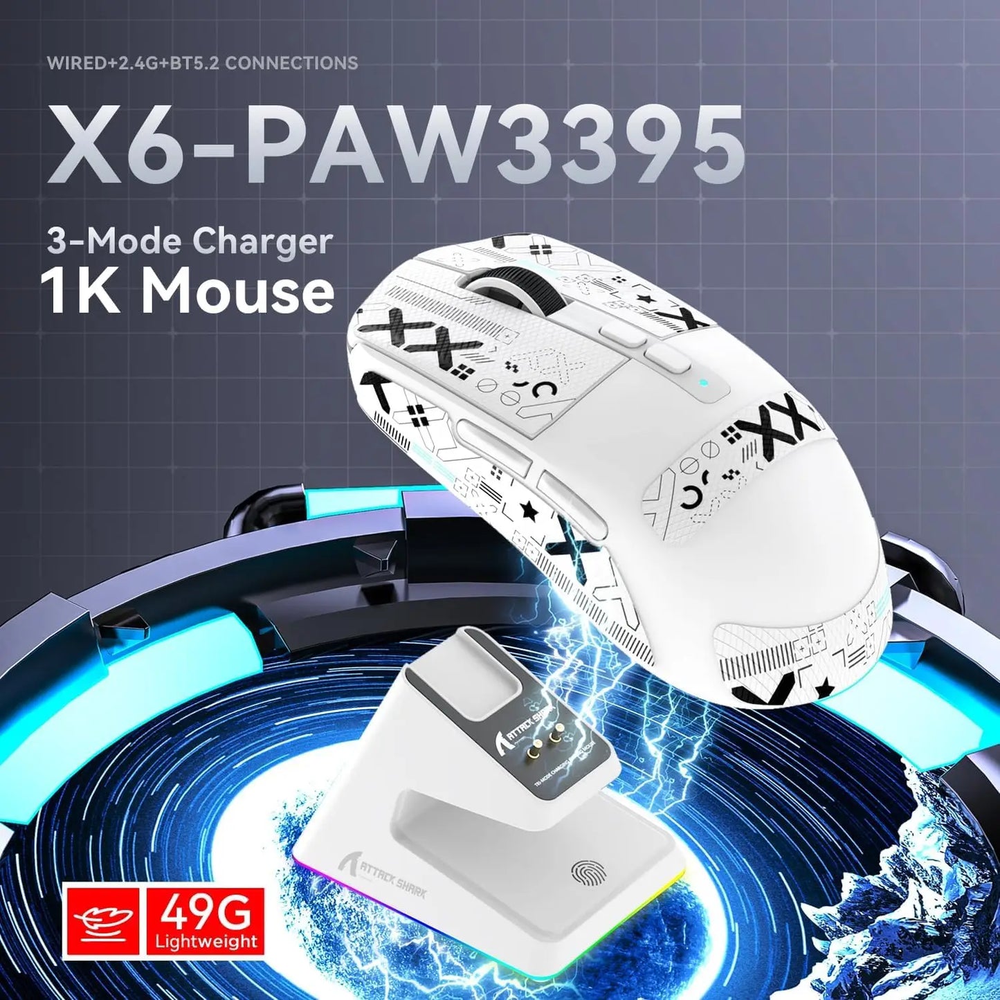 ATTACK SHARK X6 Lightweight Wireless Gaming Mouse, RGB Backlit Tri-Mode Mouse with PAW3395 Sensor for PC, Laptop & Mac