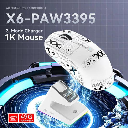 ATTACK SHARK X6 Lightweight Wireless Gaming Mouse, RGB Backlit Tri-Mode Mouse with PAW3395 Sensor for PC, Laptop & Mac