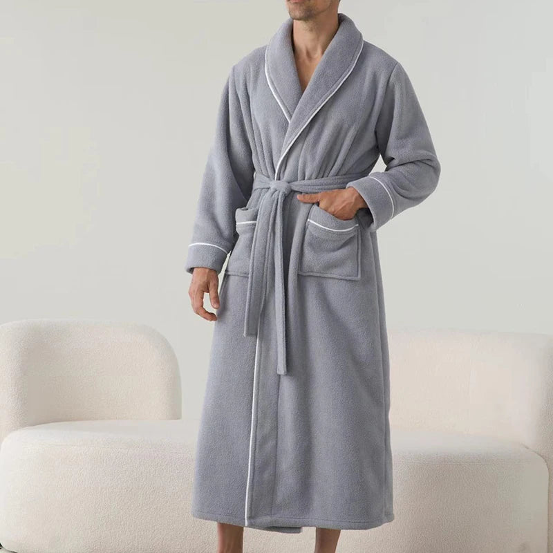 Luxurious Men s Plush Shawl Collar Bathrobe with Cozy Long Sleeves and Belt - Stay Warm and Stylish in this Soft Spa Robe