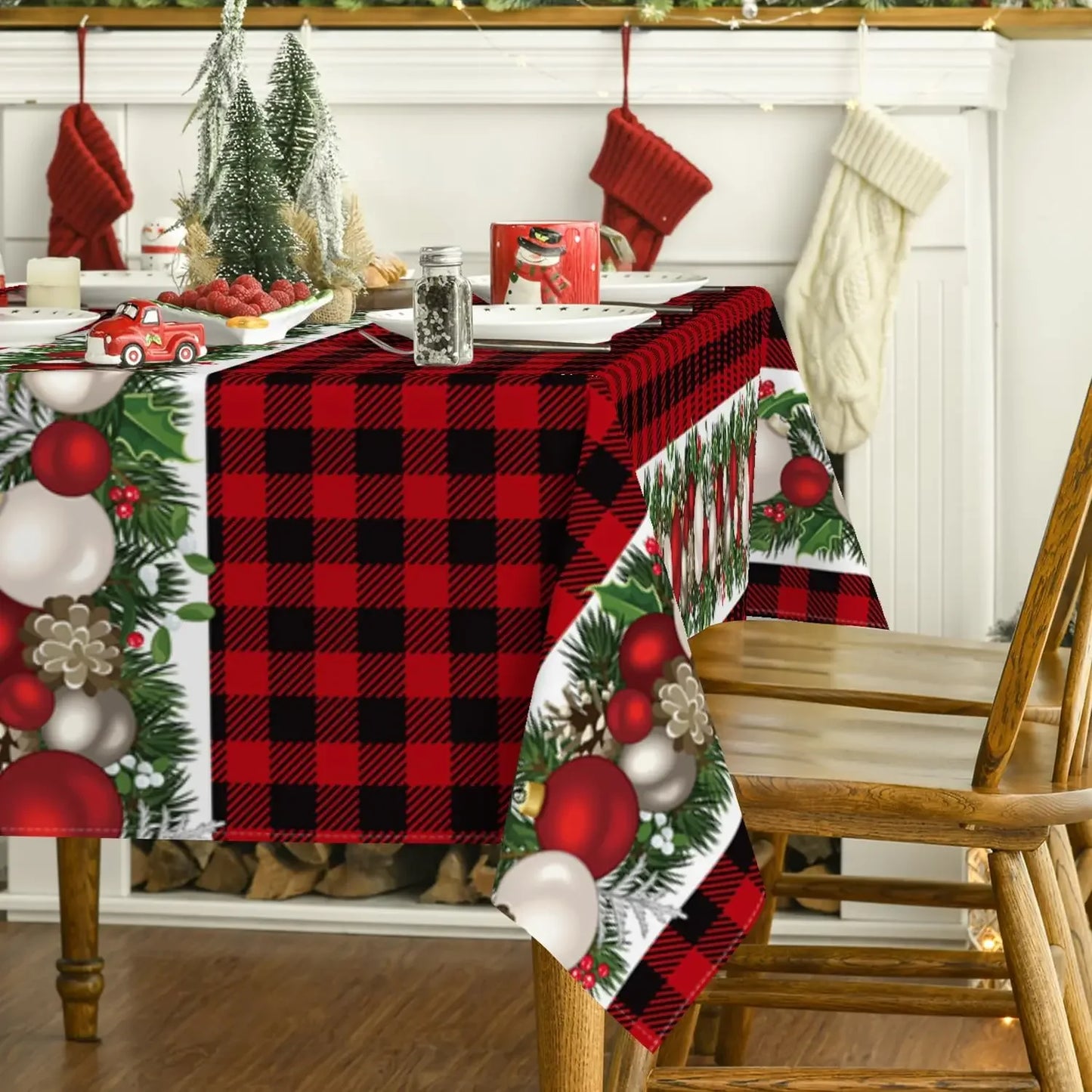 Christmas Ball Ornaments Red Bufalo Plaid Rectangle Tablecloth Dining Room Decor Reusable Table Cover Xmas Party Decorations