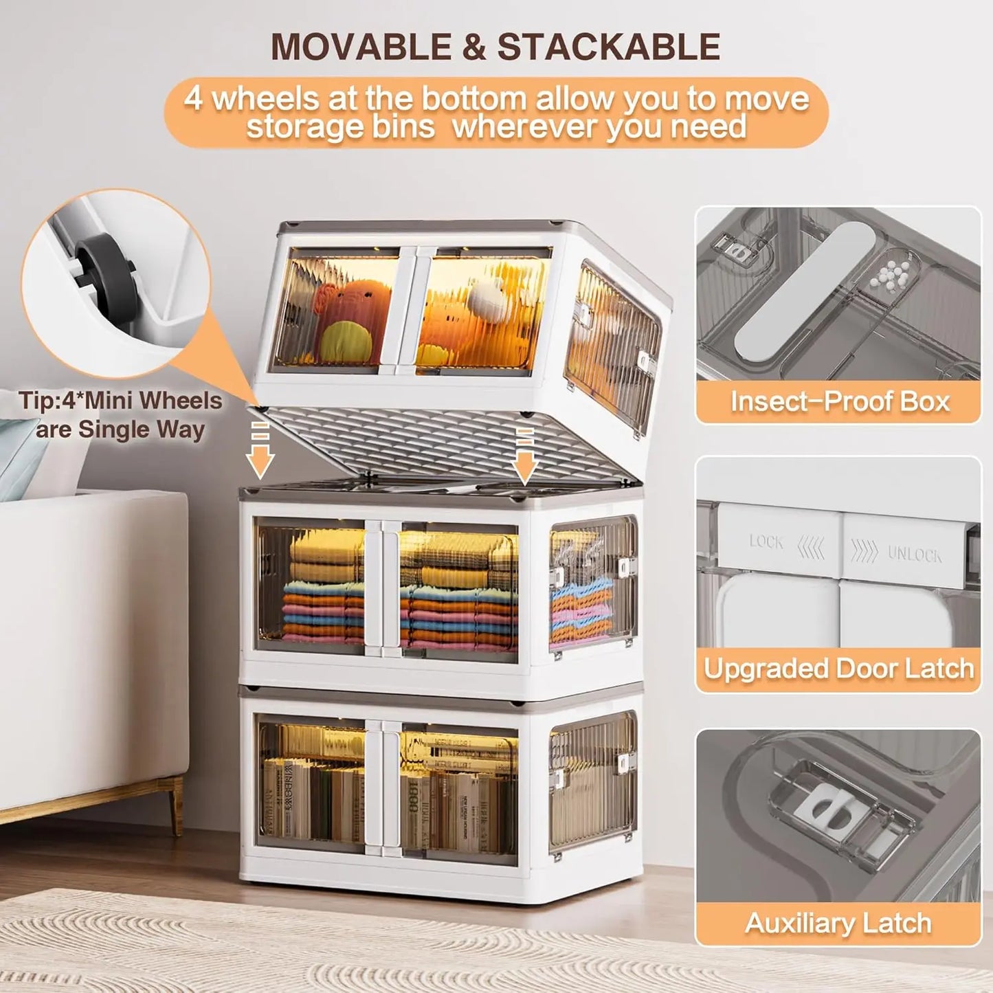 148QT Large Bins Storage with Lids,with Doors & Wheels,for Closet Organizers and Storage-Room Office Livingroom