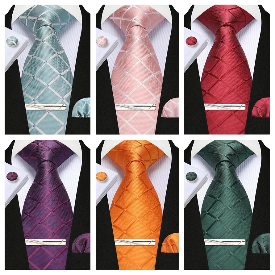 100% Silk Plaid & Checkered Men’s Tie Set with Pocket Square, Tie Clip & Cufflinks. Business & Wedding Necktie Gift Set  Optimized Description