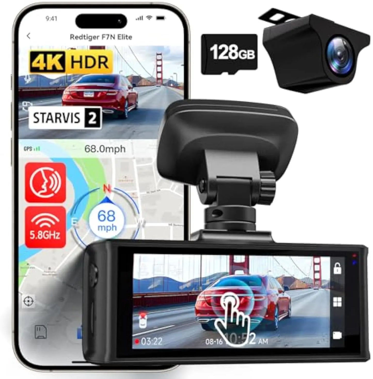 REDTIGER F7N ELITE STARVIS 2 Sensor 4K HDR Dash Cam Front and Rear 5.8GHz WiFi APP car camera WDR car dvr for 24H Parking Mode(