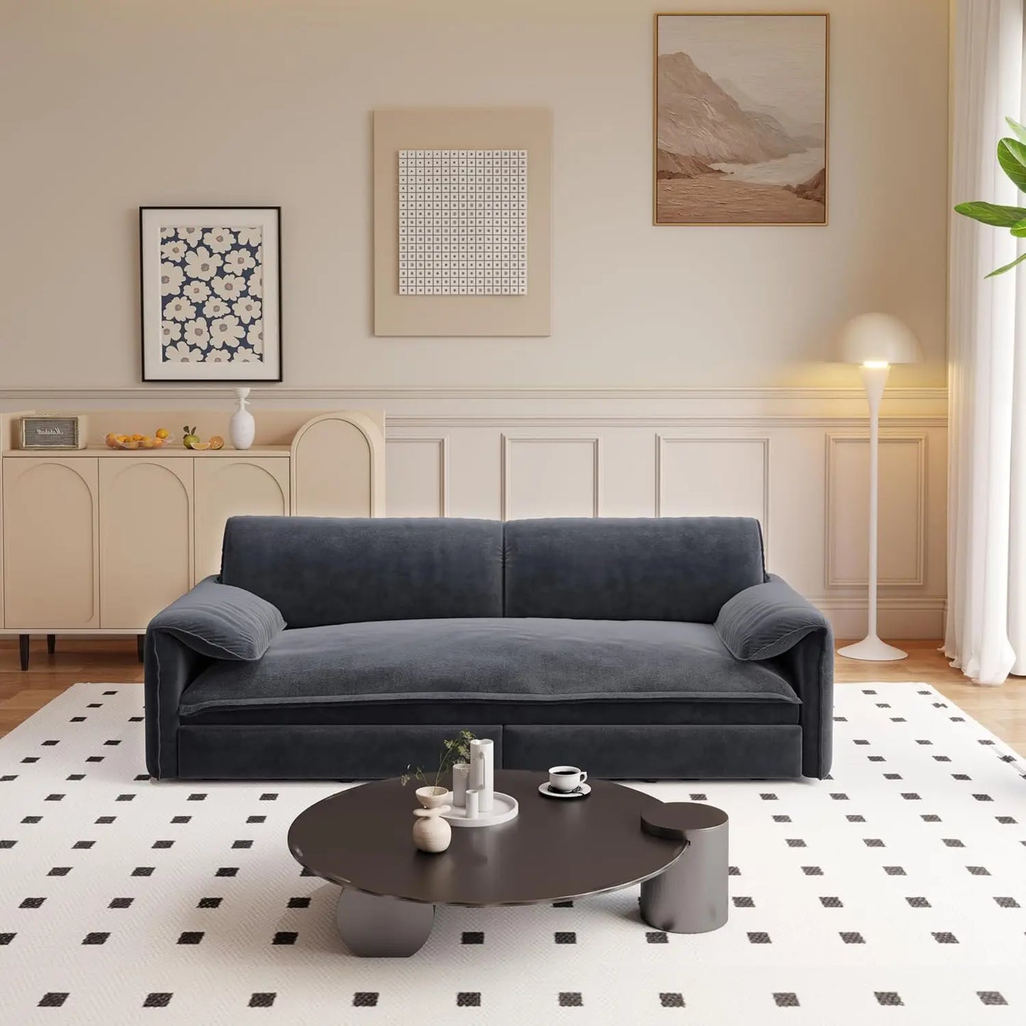 66" queen size convertible sofa bed with storage, modern velvet sleeper loveseat for living room