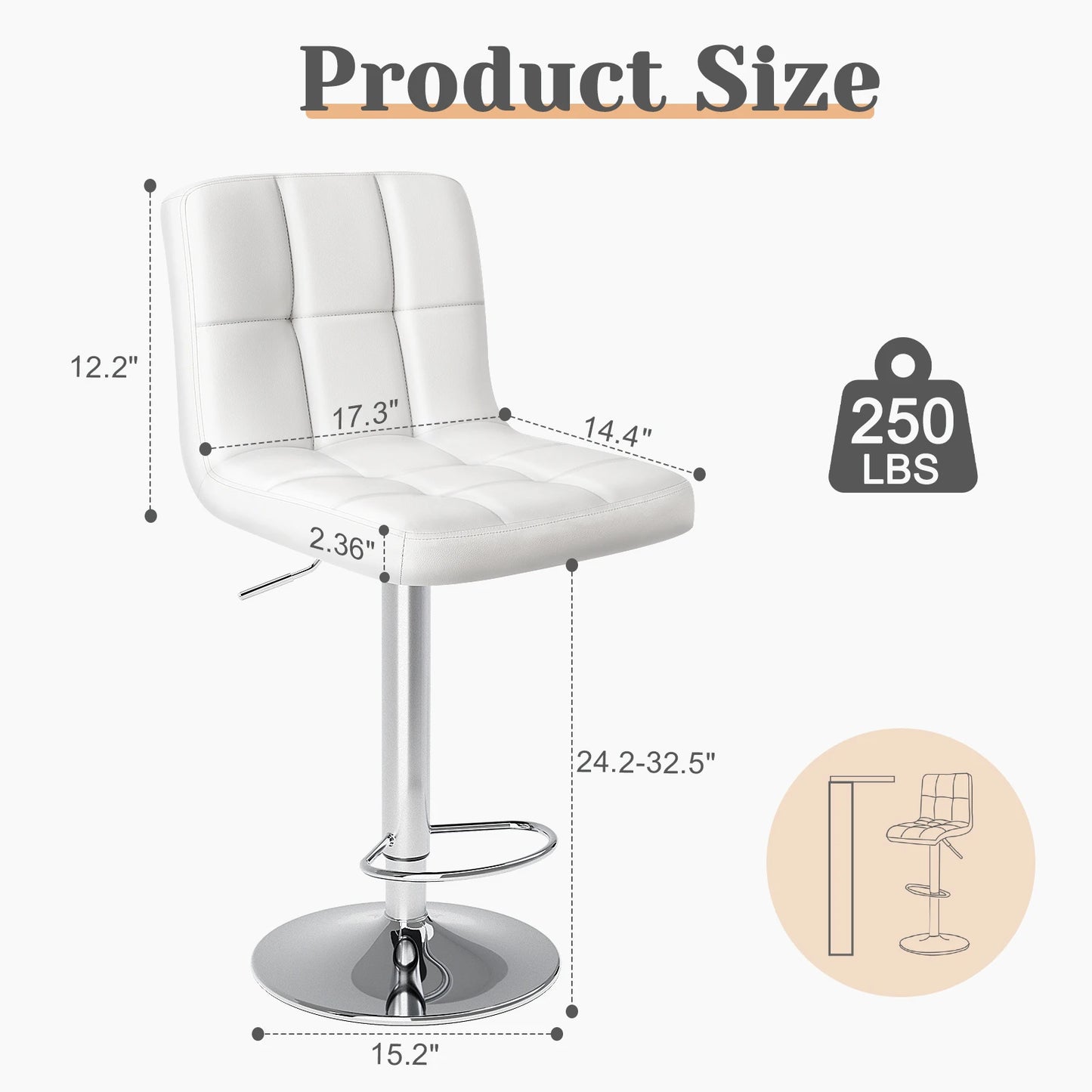 Armless PU Leather Swivel Office Chair, Adjustable Height Counter Chair, Ergonomic Desk Chair for Home & Office
