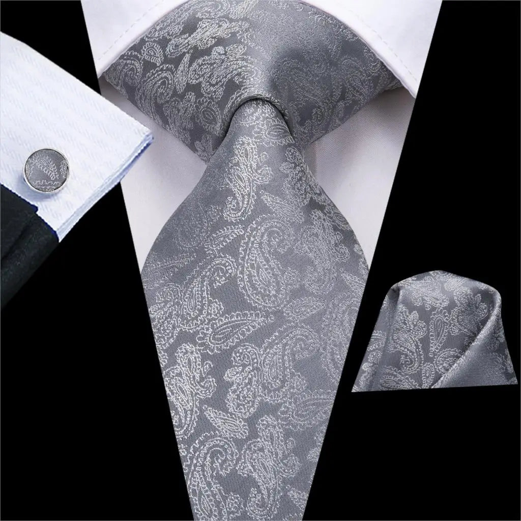 Hi-Tie Luxury Silver Men’s Necktie Set with Pocket Square & Cufflinks | Wedding, Business & Formal Events