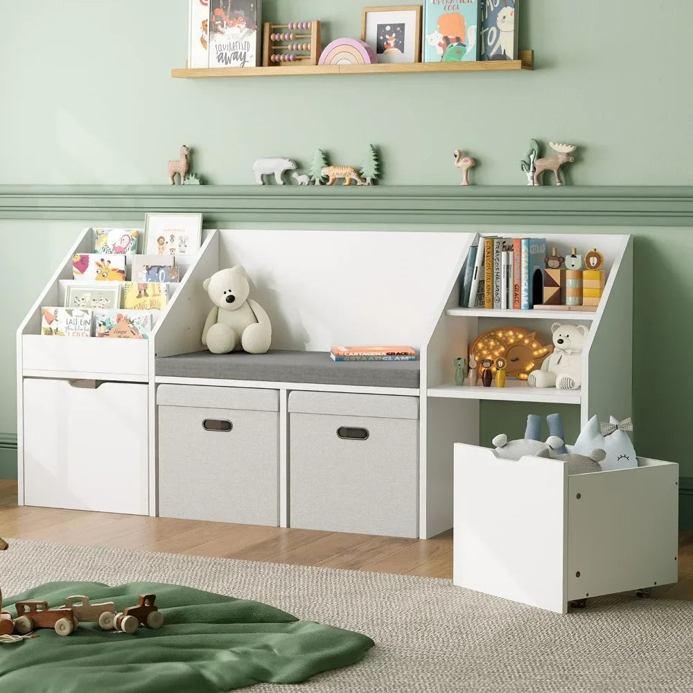 67 Inch Kids Reading Nook With Bench Bookshelf Cube Storage