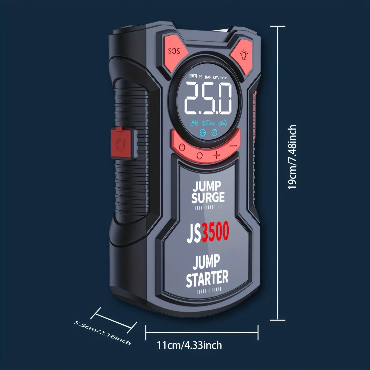 3000A Portable Car Jump Starter with Air Compressor  5-in-1 Battery Booster, Tire Inflator, LED Light & Power Bank