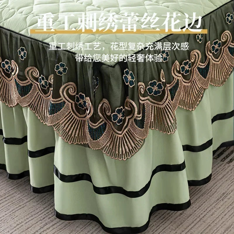 Elegant Embroidered Lace Quilted Bed Skirt Set