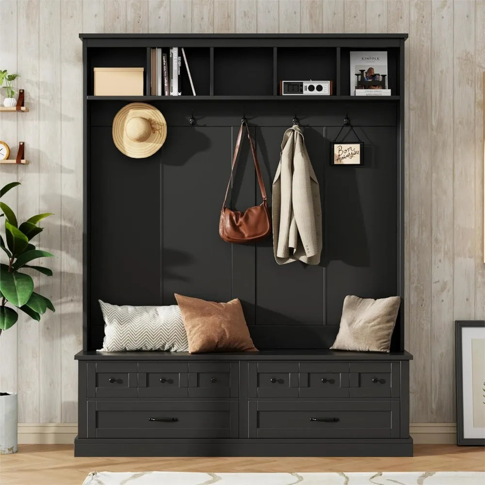 Wide Hall Tree with Lift Top Storage Bench and 2 Drawers, Retro Wooden Hallway Coat Rack with 5 Hooks and Open Storage Space,