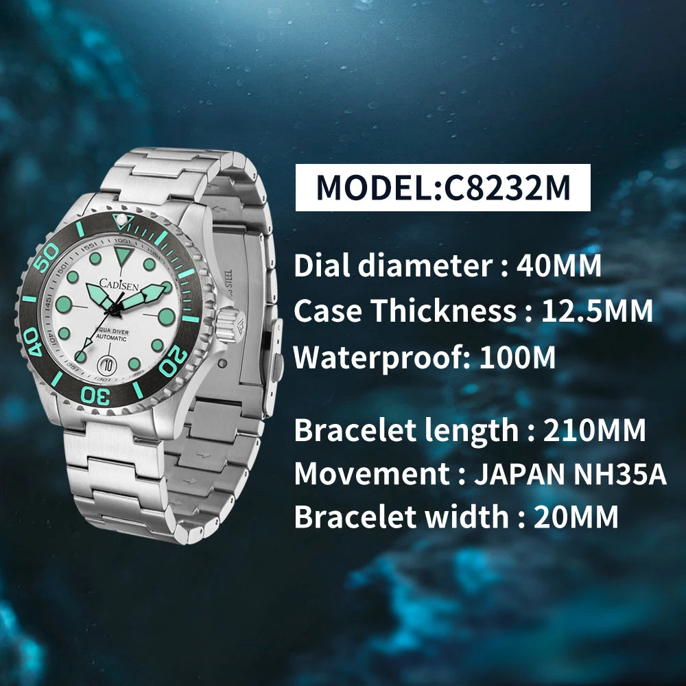 CADISEN AQUA DIVER New Brand Luxury Men Watches Automatic Watch Japan TMI NH35A 100M Waterproof Luminous Mechanical Wristwatch
