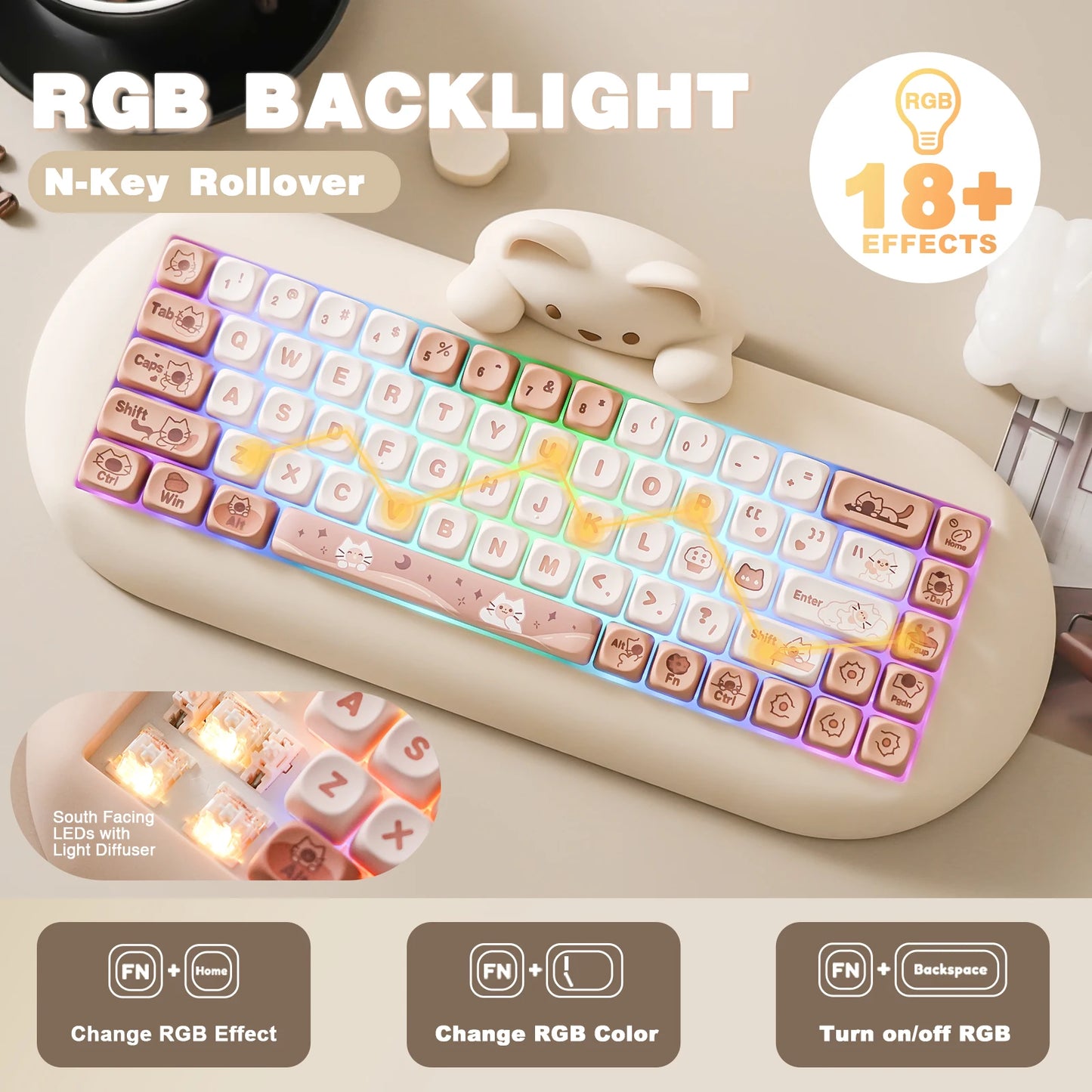 YUNZII C68 Wireless RGB Mechanical Keyboard .Cute Cat Edition