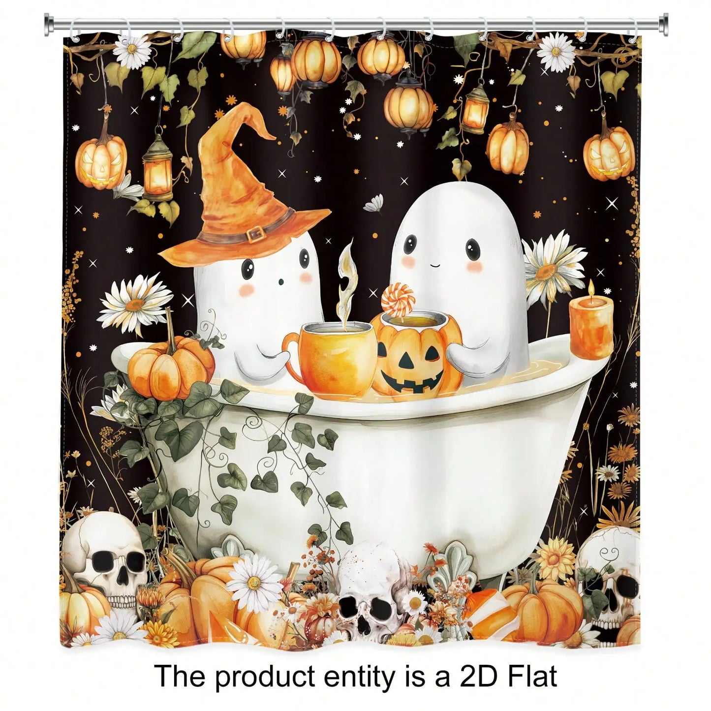 4-Piece Cute Ghost Halloween Shower Curtain Set. Waterproof Bathroom Décor with Bath Mat, Toilet Lid Cover & Rug