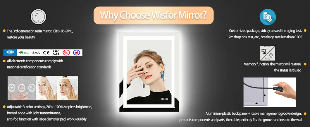 Rectangle Bathroom Mirror Anti-Fog LED Wall Mounted Mirror Vanity Shaving Mirror with 3 Colour Dimmable Memory Front & Backlit