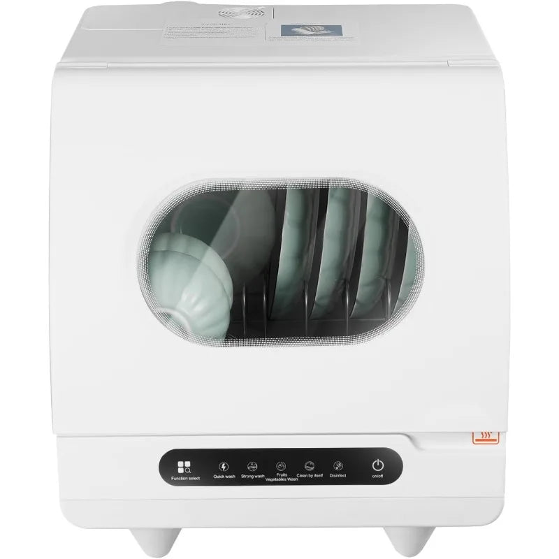 Portable tabletop dishwasher, compact dishwasher, countertop dishwasher, leak-proof drying, 360° spray arm, 5 programmes, white.