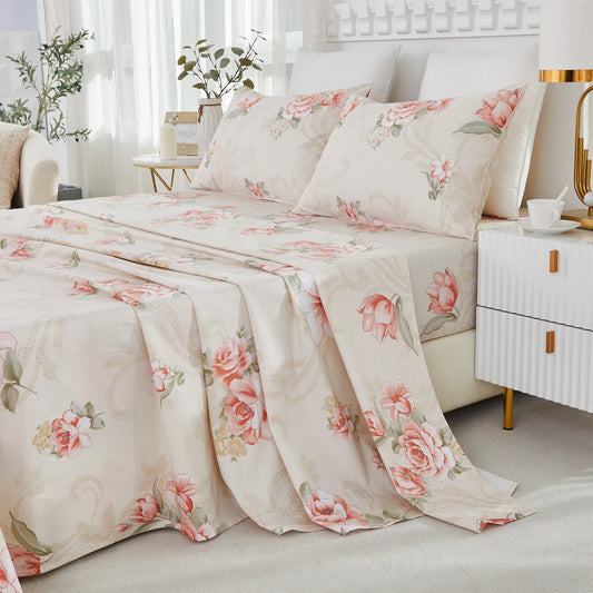 4pcs 600 TC 100% Egyptian Cotton Fitted Sheet Set (Without Core), Vintage In Green Botanical Floral,Soft And Skin-friendly