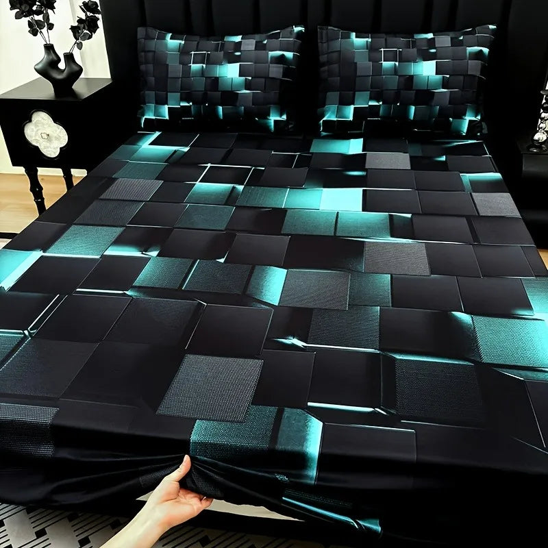 3 Piece Cooling Digital Print Fitted Sheet Set.  Soft Modern Plaid Bedding