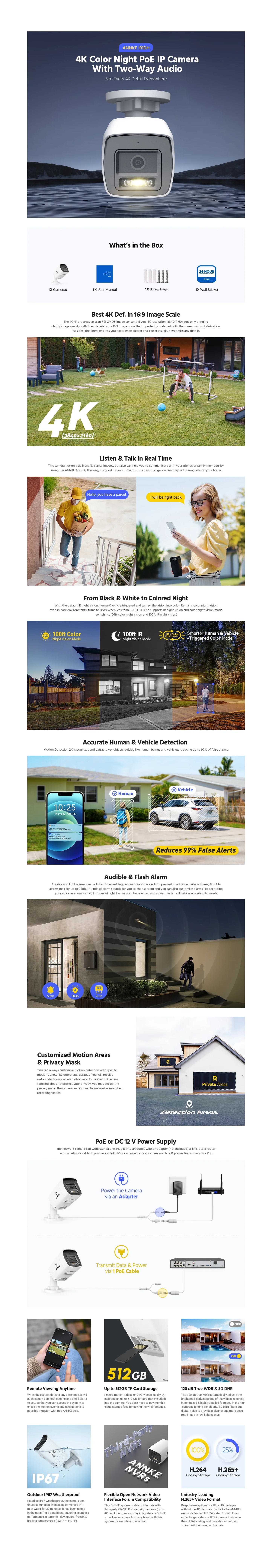 Annke 8MP 4K HD IP Security Camera Poe Dual Light Audio Fixed Bullet Camera Human Vehicle Detection 256G SD Storage ONVIF IP67