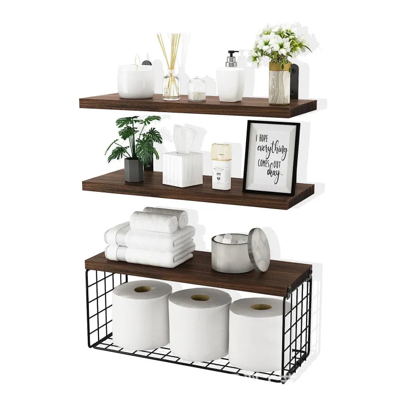 Wall Mounted Floating Shelves Triple Tier Wood Bathroom