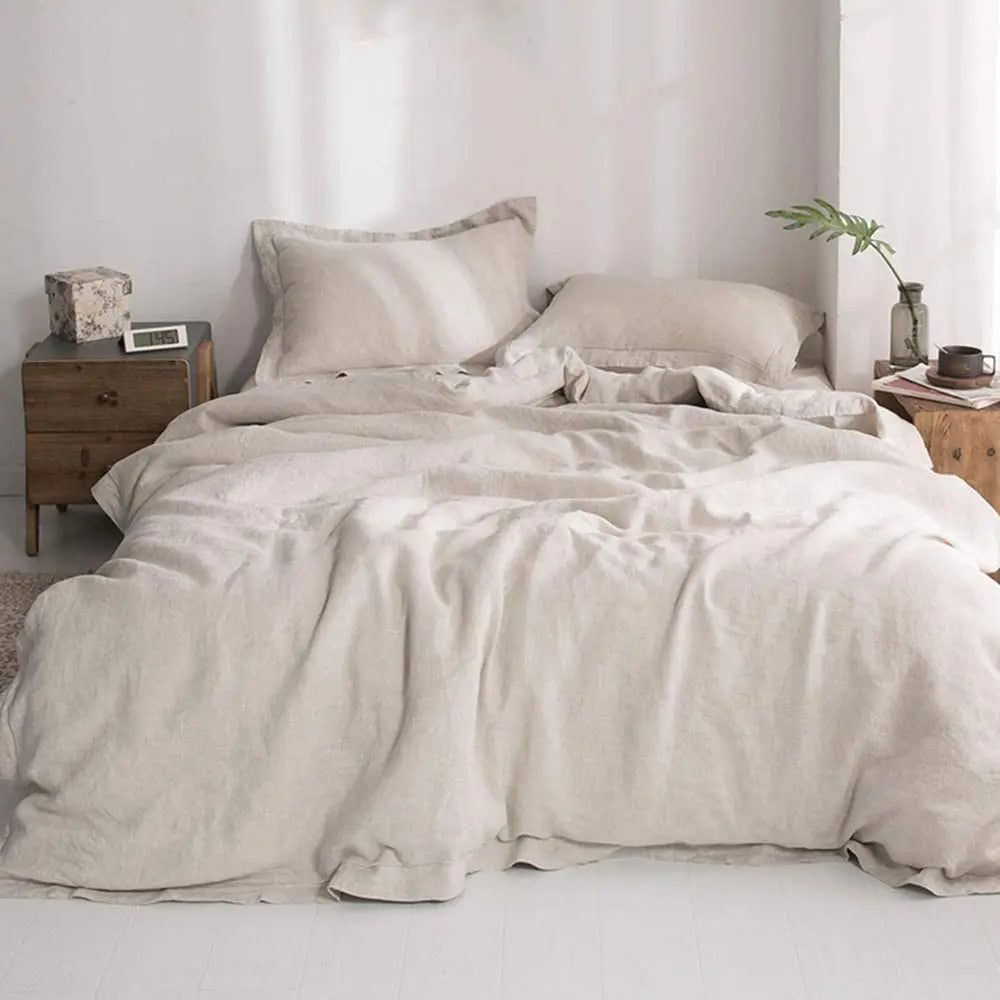 Simple&Opulence 100% Linen Bedding Set 3Pcs Washed Comforter Boho Breathable Queen King Size Duvet Cover Bed Sheet Pillow Shams