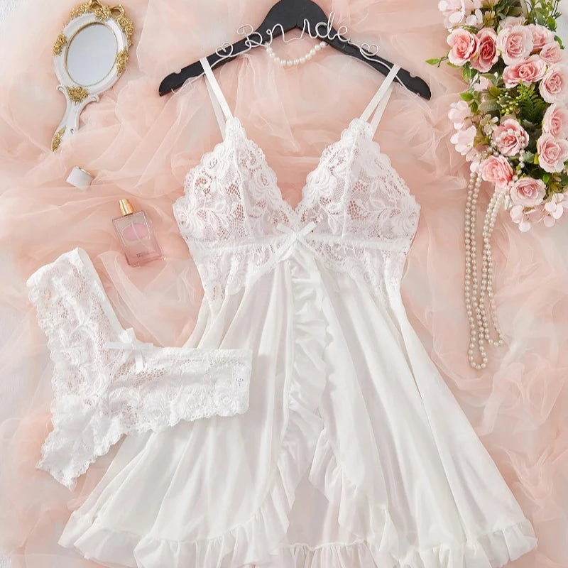 Women's Floral Lace Baby doll Lingerie Set. Sheer Nightdress with Matching Panties