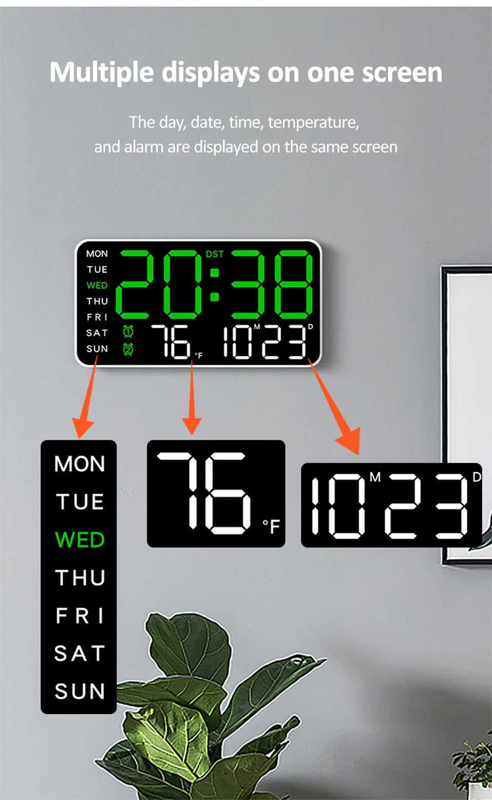 Smart Voice. Control LED Digital Wall Clock with Date & Temperature Display
