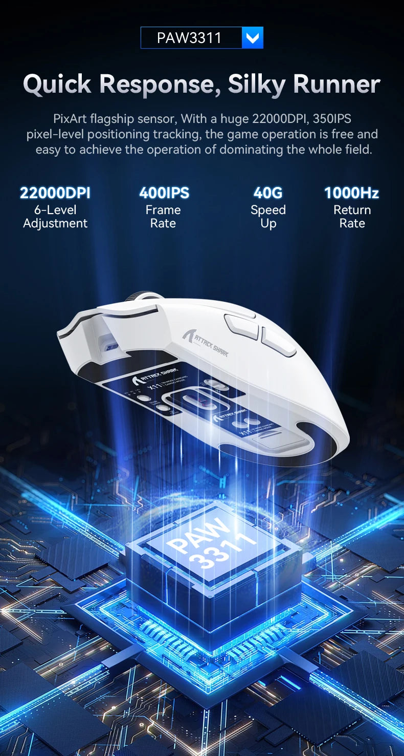 ATTACK SHARK X11 Ultra-Light Wireless Gaming Mouse with RGB Charging Dock, Tri-Mode Bluetooth, 2.4GHz & USB-C Rechargeable Mouse for PC, Mac & Laptop