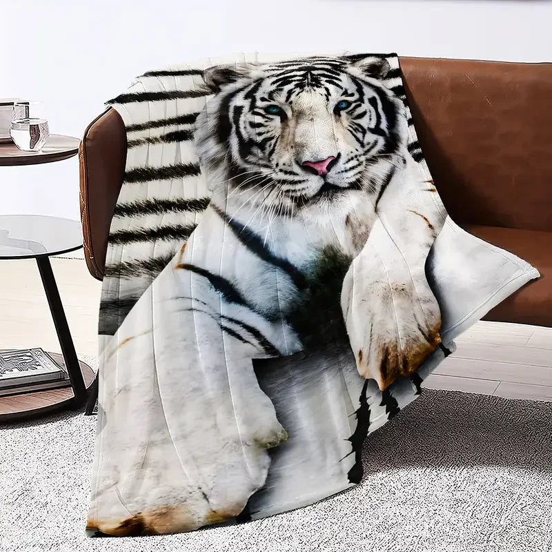 White Tiger Luxury Flannel Throw Blanket. Ultra Soft Cozy Animal Print Home Blanket