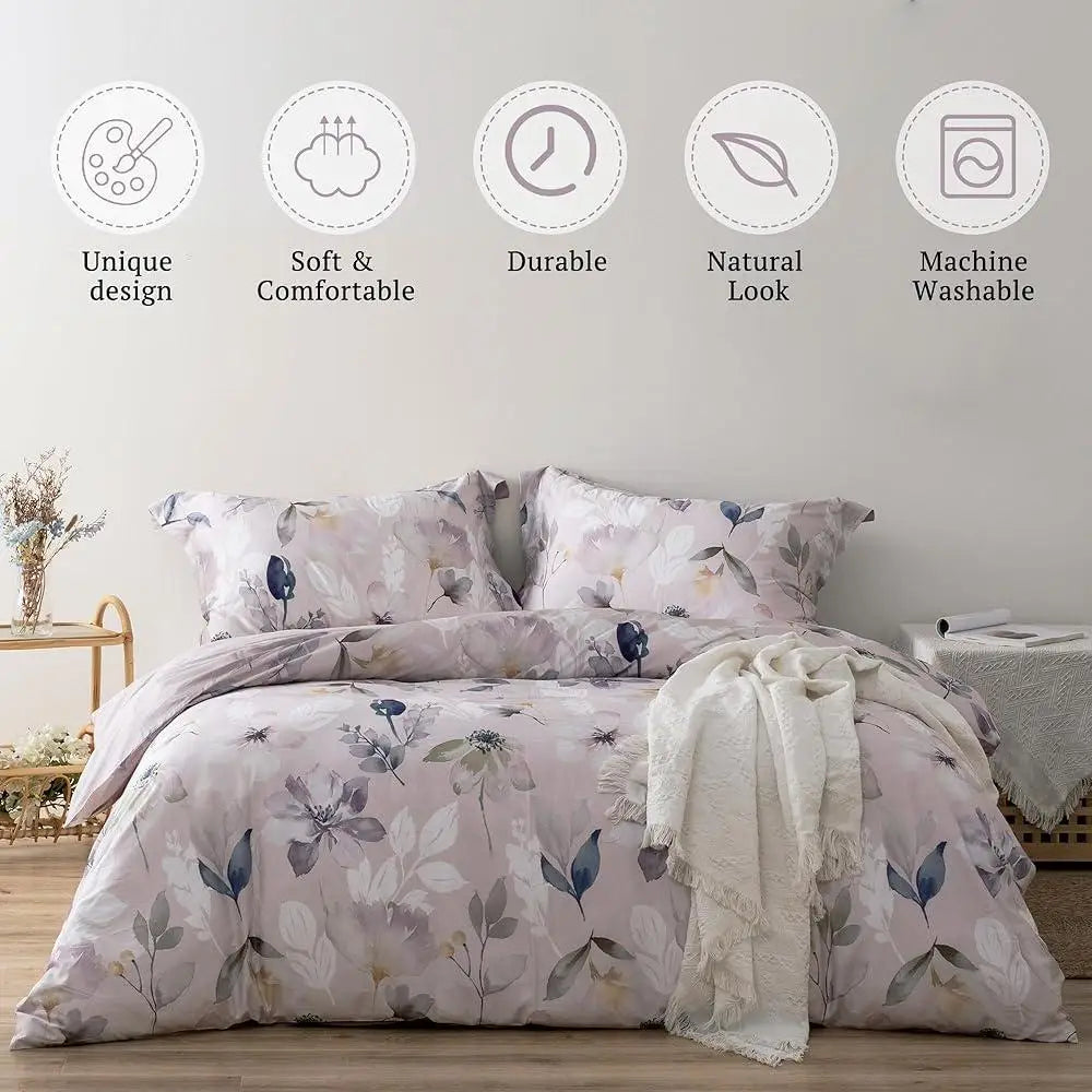 100% Long Staple Cotton Duvet Cover Set Floral Leaf Pattern Ultra Soft Breathable Comforter Cover Hidden Zipper Closure Corner