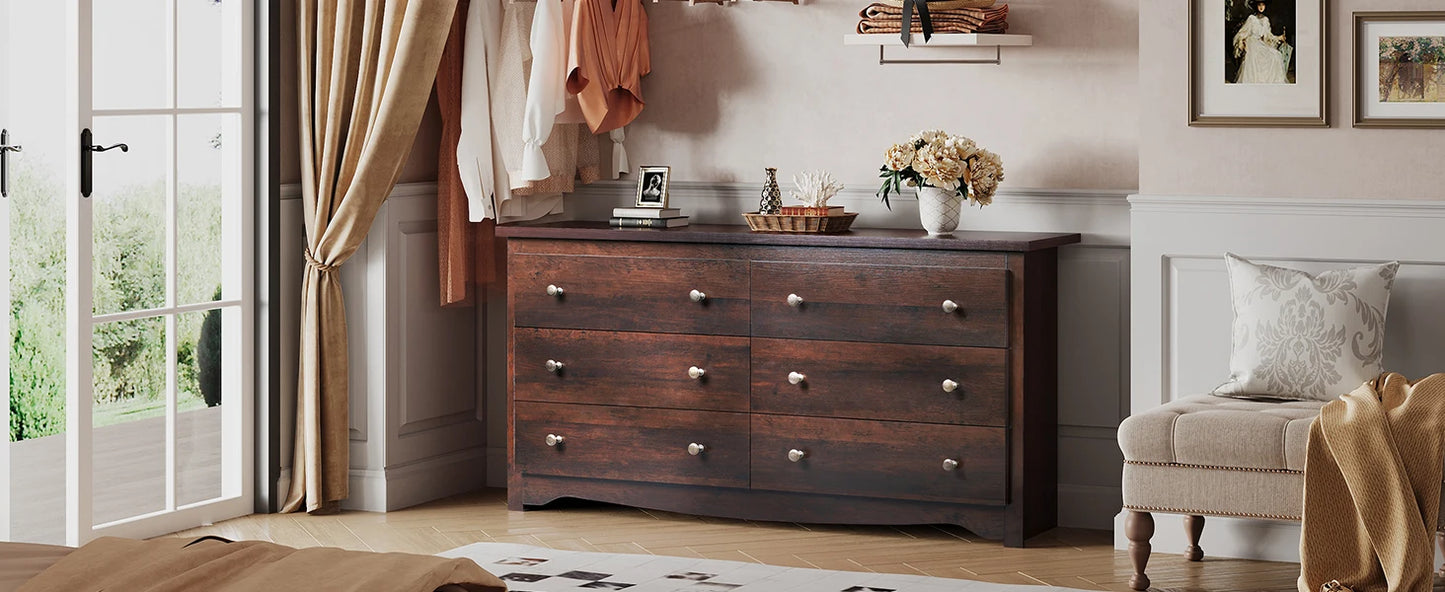 Wood Dresser with 6 Drawer Wide Chest of Drawers for Bedroom Long Nightstand with Drawers Modern Large Storage Tower Unit Closet