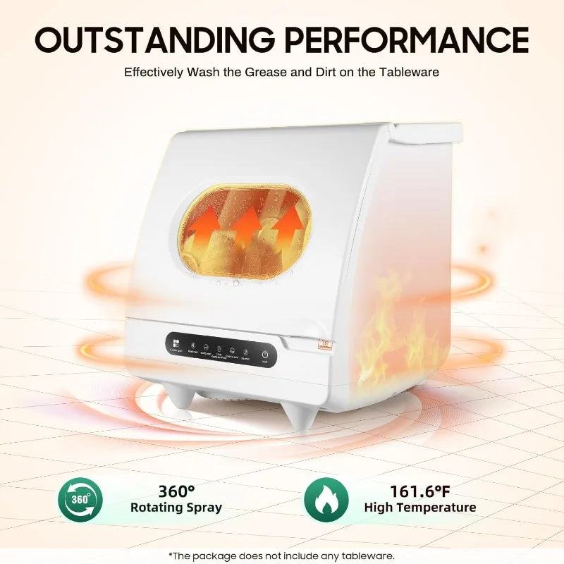 Portable tabletop dishwasher, compact dishwasher, countertop dishwasher, leak-proof drying, 360° spray arm, 5 programmes, white.