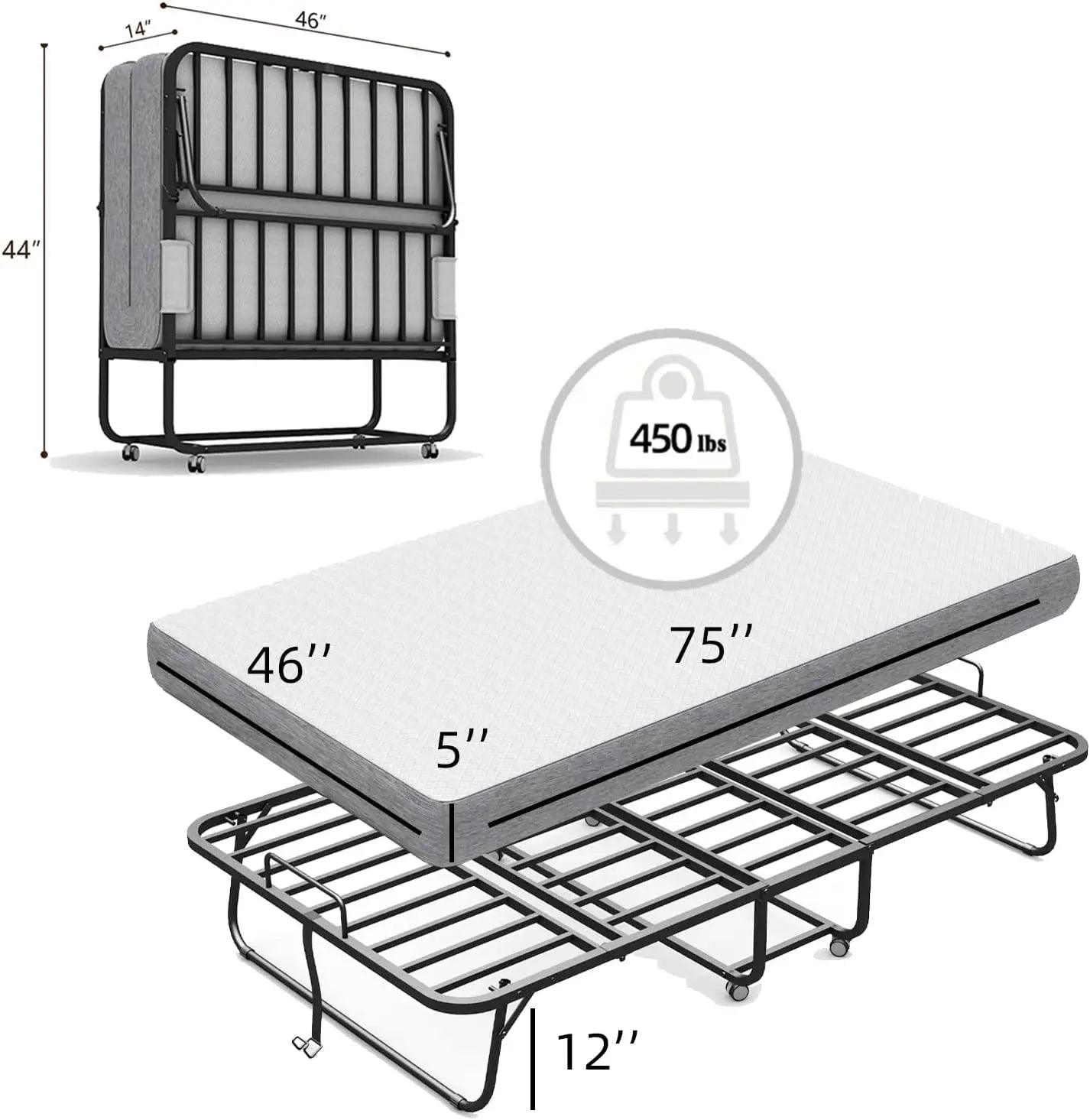 75''x46'' Folding Bed with Mattress for Adults, Large Size Rollaway Folded Bed for Guest, Sturdy Frame,Comfortable Sleep
