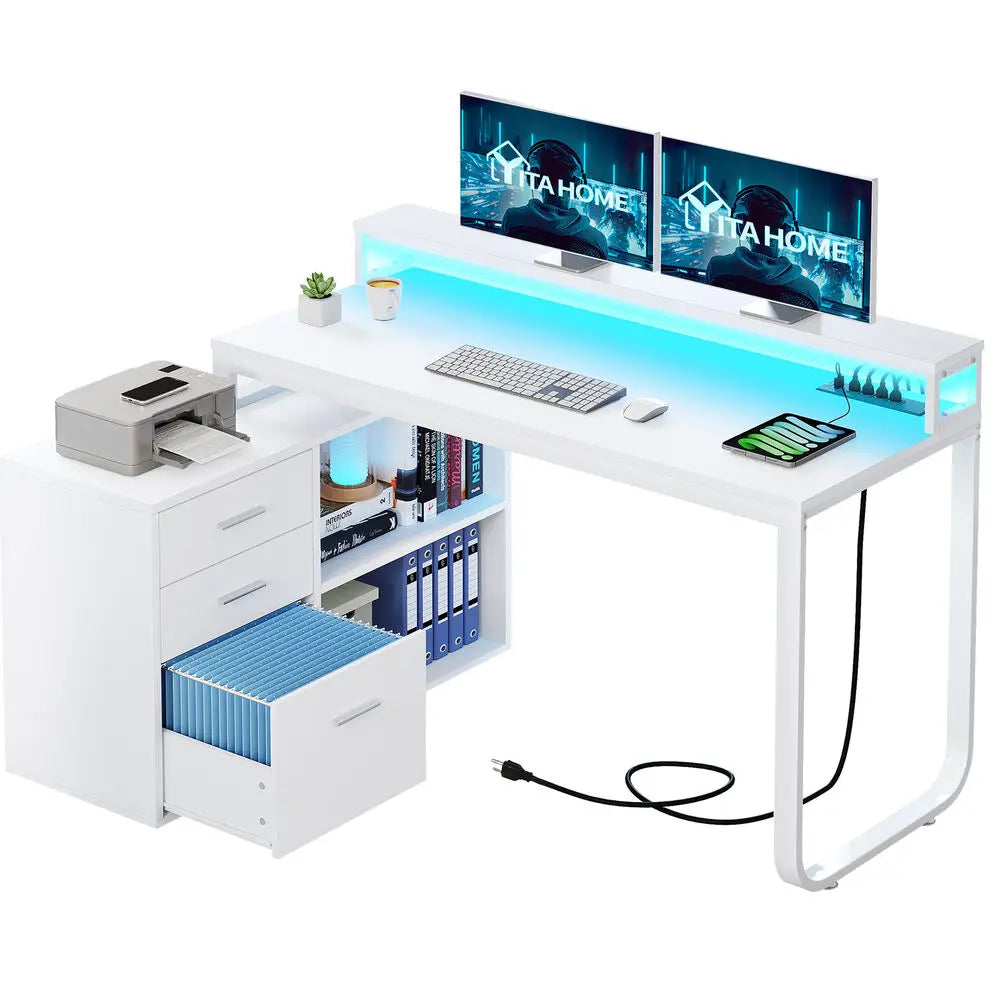 L-Shaped Gaming Computer Desk Home Office Desk File Drawers