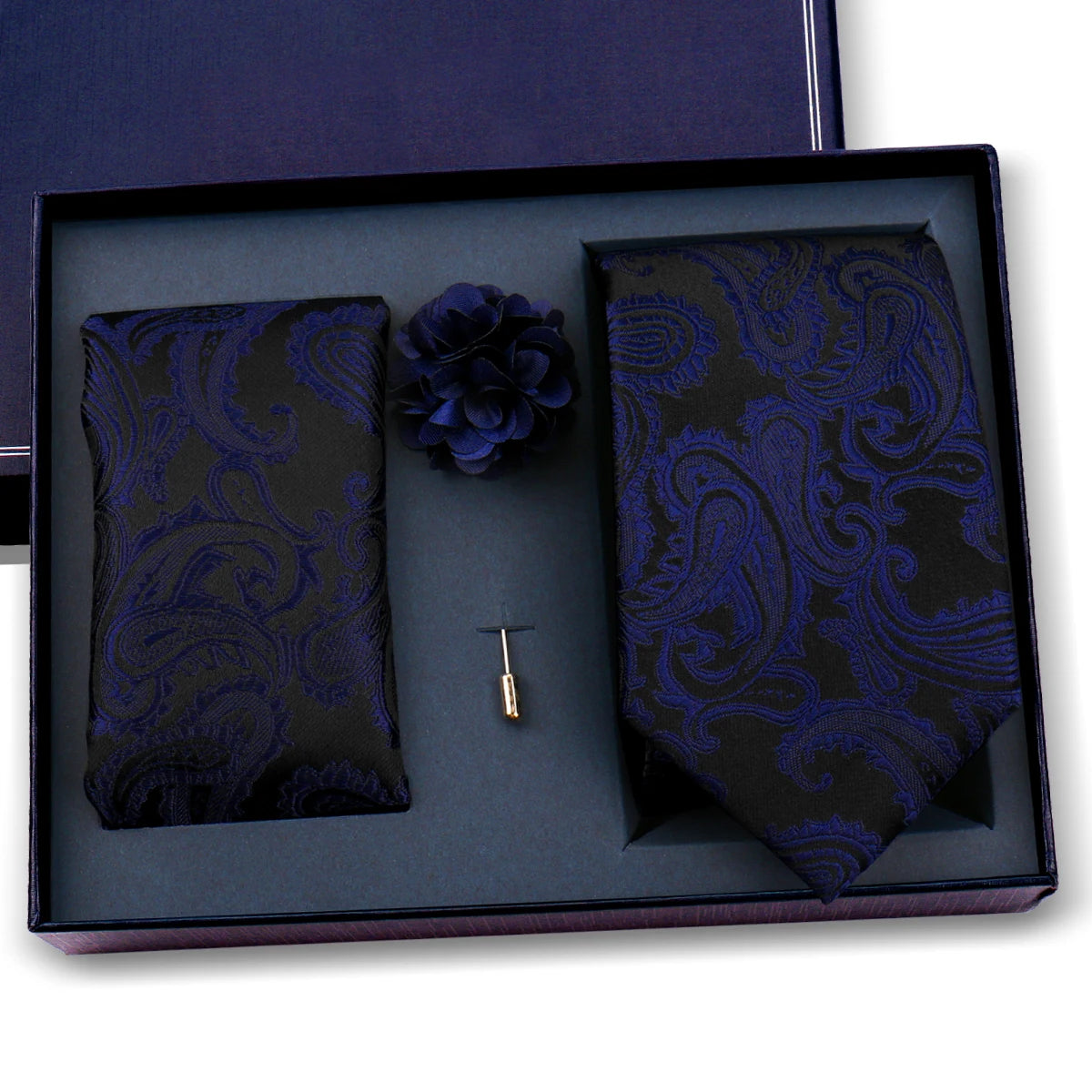Luxury Men’s Paisley Necktie Gift Set. Silk Tie, Pocket Square, Cufflinks & Gift Box for Weddings & Business