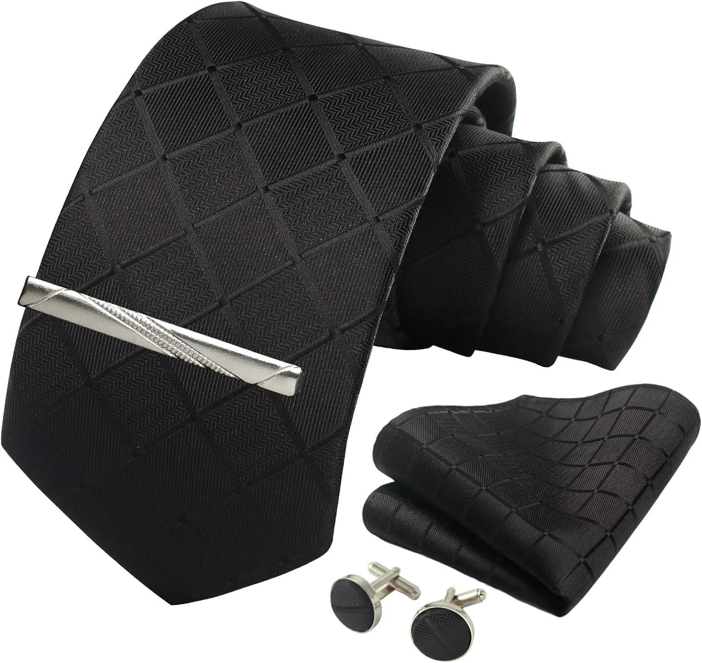 100% Silk Plaid & Checkered Men’s Tie Set with Pocket Square, Tie Clip & Cufflinks. Business & Wedding Necktie Gift Set  Optimized Description
