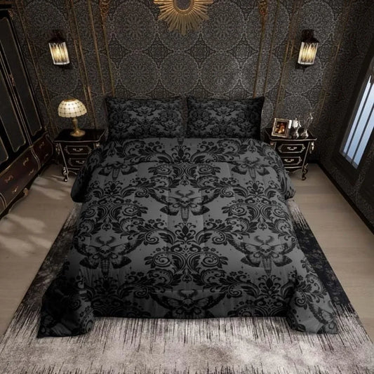 Adults Gothic Comforter Set King Size Dark Olive Green Damask Comforter Death Moth Bohemia Boho Bedding Set Goth Skull